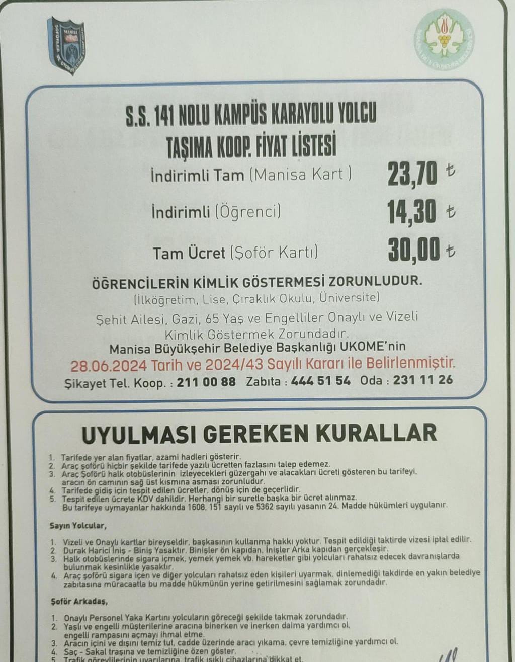 Manisa’da Ulaşıma Zam (1)