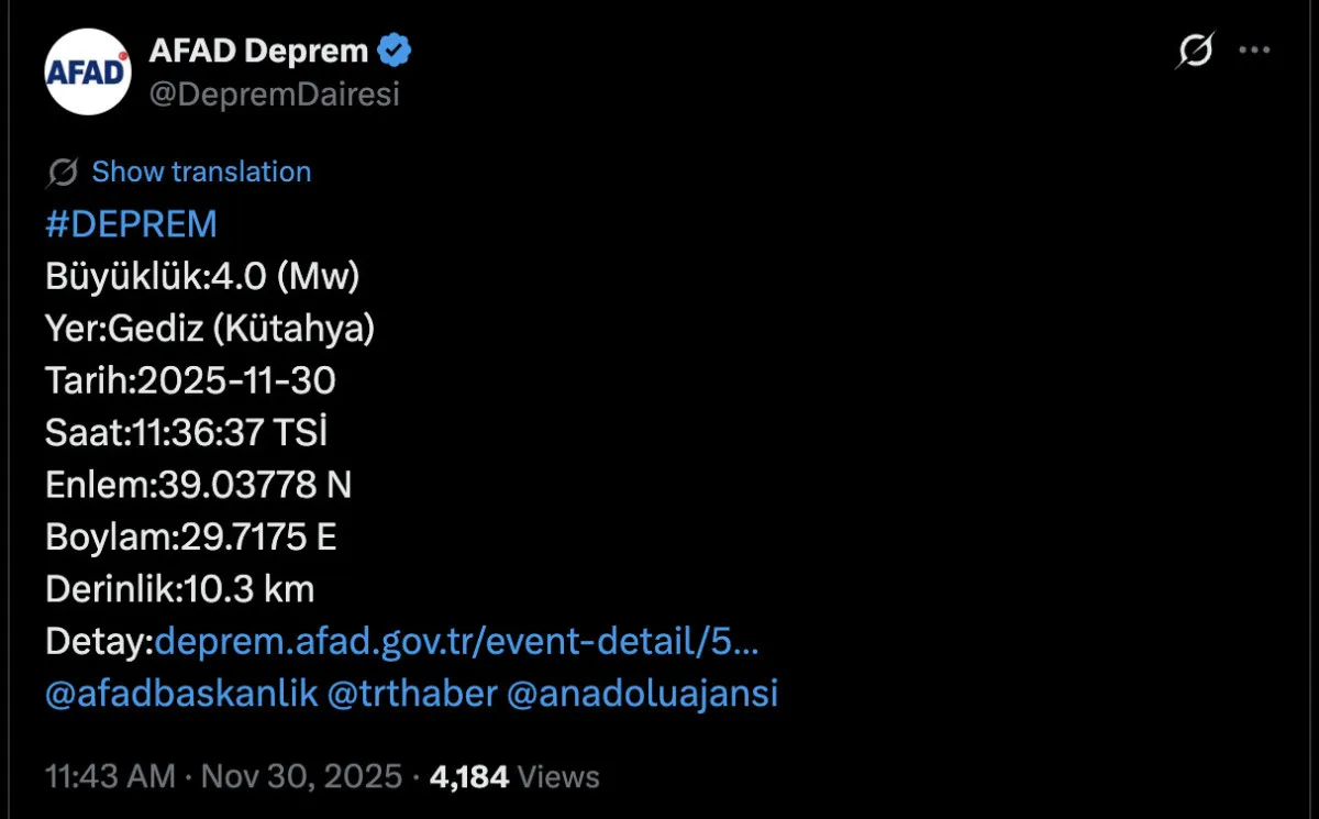 Kütahya Gediz'de deprem